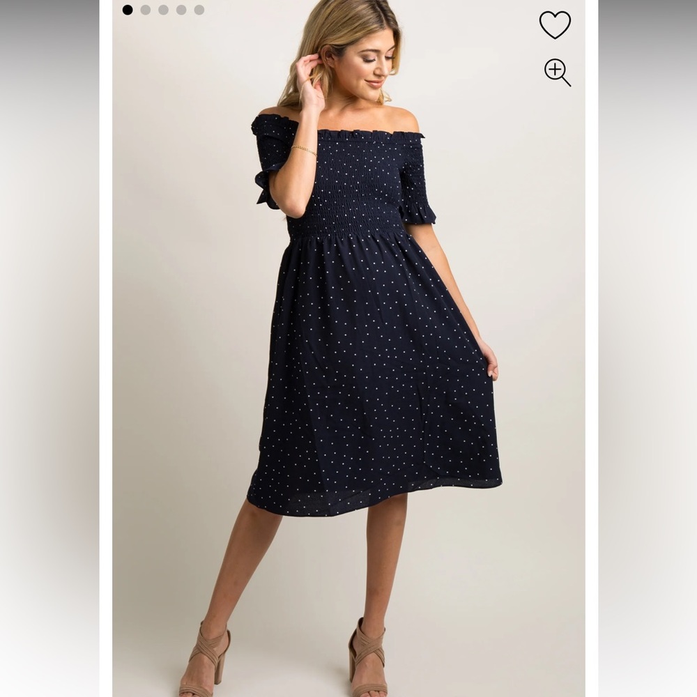 Pink blush Navy Polka Dot Smocked Maternity Dress